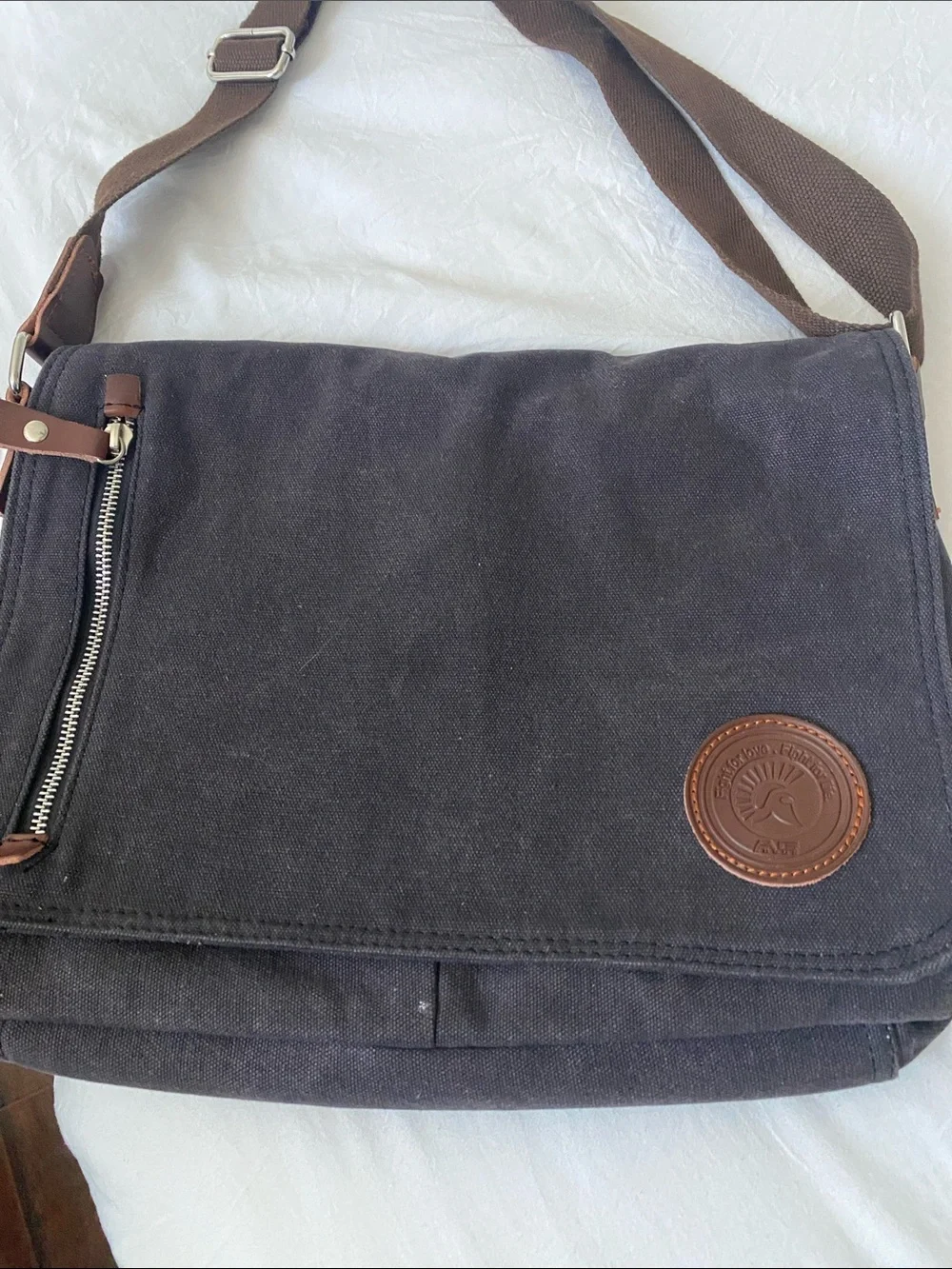 Black Canvas Messenger Bag with Brown Trim - Unbranded